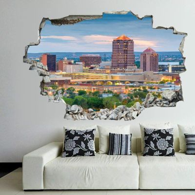3D Broken Wall Stickers Stickers Albuquerque, New Mexico, USA Downtown Cityscape at 3 36 x 24 Inch Removable Wall Decal, Peel and Stick Landscape Wall Decor for Bedroom Living Room, Mural Art for