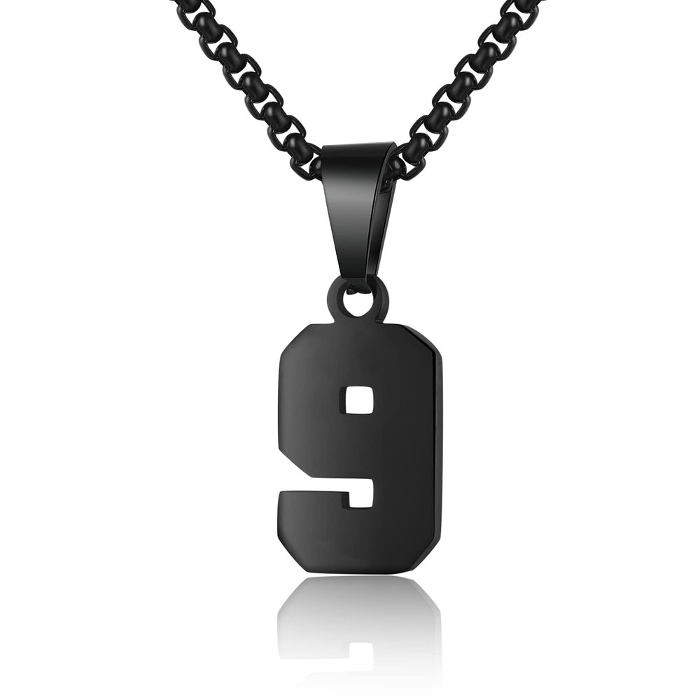 Susook Number Necklace for Boy Black Athletes Number Stainless Steel Chain 00-99 Number Charm Pendant Personalized Sports Jewelry for Men Basketball Baseball Football(9) Over 18 years old