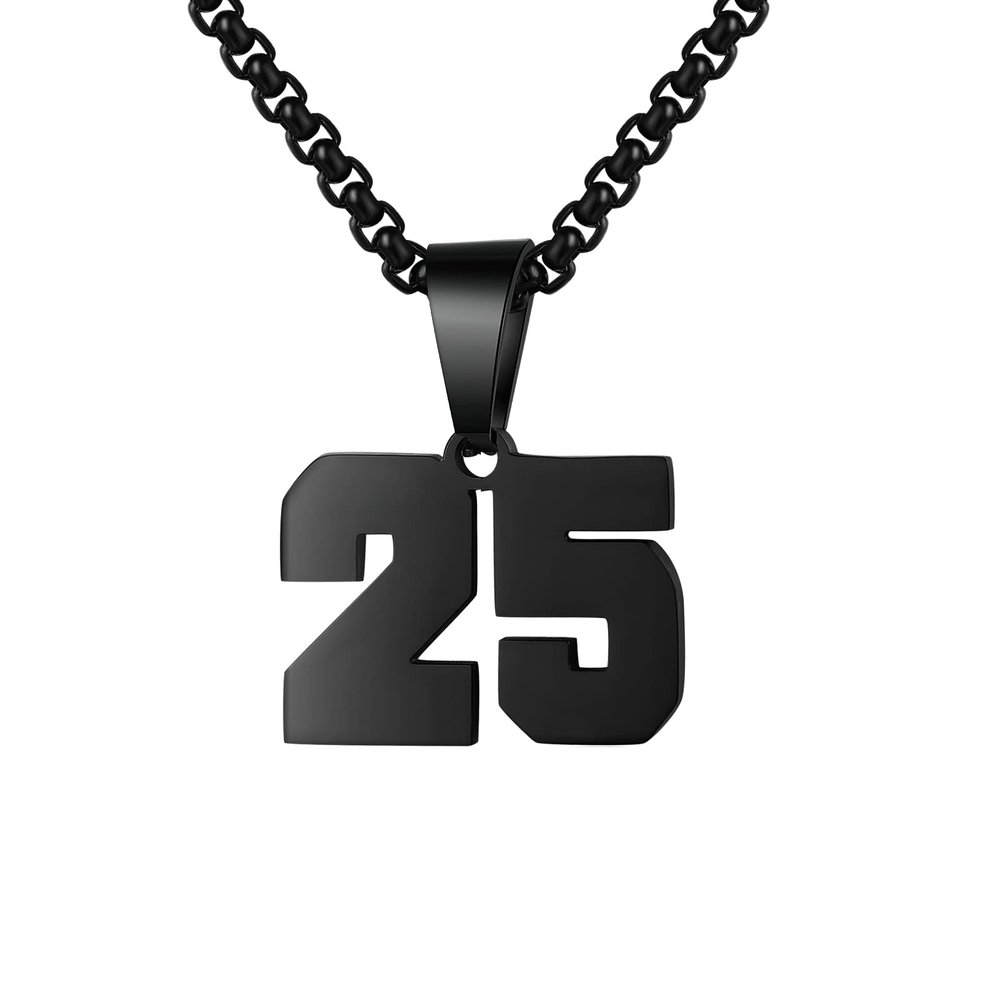 Susook Number Necklace for Boy Black Athletes Number Stainless Steel Chain 00-99 Number Charm Pendant Personalized Sports Jewelry for Men Basketball Baseball Football(25) Over 18 years old