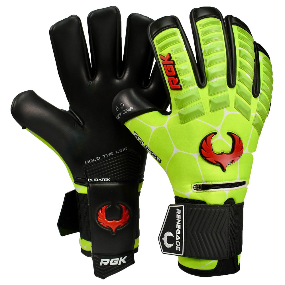 Renegade GK Eclipse Nova Professional Goalie Gloves with Pro Fingersaves | 4mm EXT Contact Grip | Neon Yellow & Red Soccer Goalkeeper Gloves (Size 6, Youth, Junior, Neg. Cut, Level 5)