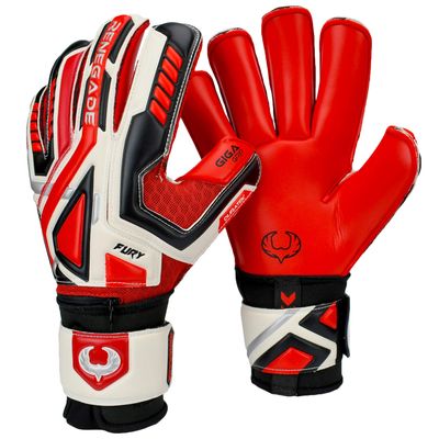 Renegade GK Fury Inferno Goalie Gloves with Pro-Tek Finger Spines | 4mm Giga Grip & 4mm Duratek | Red, White, Black Soccer Goalkeeper Gloves (Size 6, Youth, Roll Cut, Level 4)