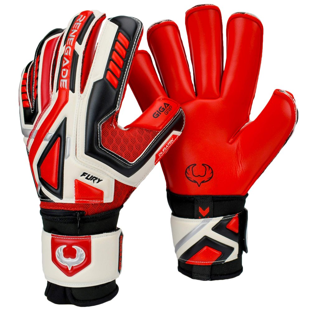Renegade GK Fury Inferno Goalie Gloves with Pro-Tek Finger Spines | 4mm Giga Grip & 4mm Duratek | Red, White, Black Soccer Goalkeeper Gloves (Size 6, Youth, Roll Cut, Level 4)