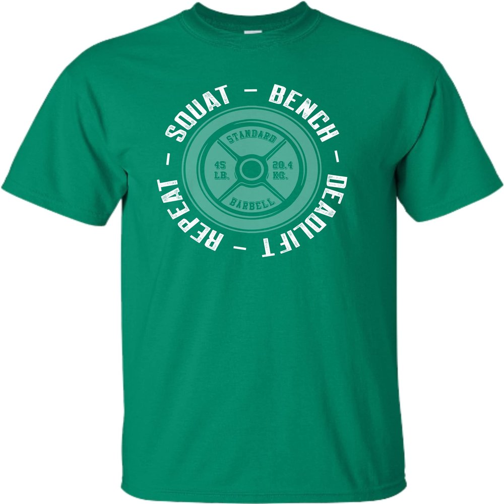 Go All Out 5X-Large Kelly Green Adult Squat Bench Deadlift Repeat Funny Gym Workout T-Shirt