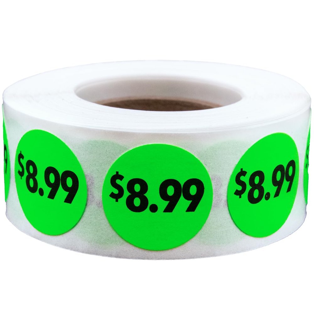 Fluorescent Green 8.99 Stickers 3/4 Inch Round Circle Labels, 500 Total Adhesive Stickers Per Roll for Retail Pricing, Product Marking, and Inventory Made in the USA