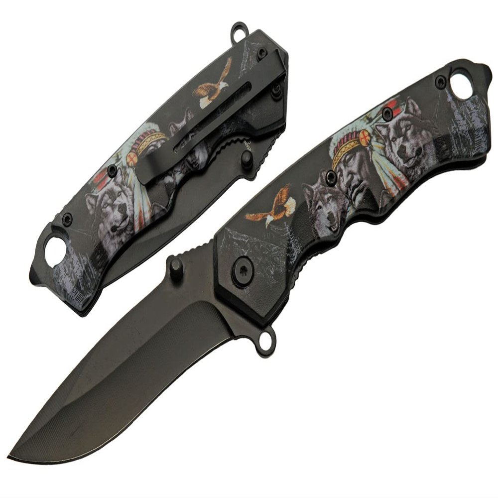 SZCO Supplies 8 Native Wolf Decal Liner Lock Assisted Open Tactical Rescue Professional Folding Knife
