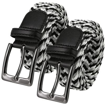2 Count Men's Stretch Belt Braided Elastic Stretch Belt Casual Weave Canvas Fabric Woven Belt 1-3/8" Wide (Black/Gray/White, S)