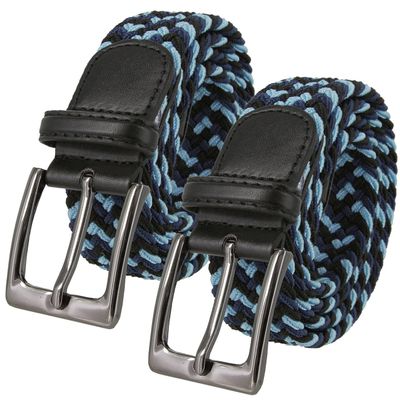 2 Count Men's Stretch Belt Braided Elastic Stretch Belt Casual Weave Canvas Fabric Woven Belt 1-3/8" Wide (Black/Blue/Navy, L)