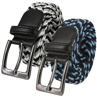 2 Count Men's Stretch Braided Elastic Stretch Belt Casual Weave Canvas Fabric Woven Belt 1-3/8" Wide (Black/Blue/Navy- Black/Gray/White, XL)