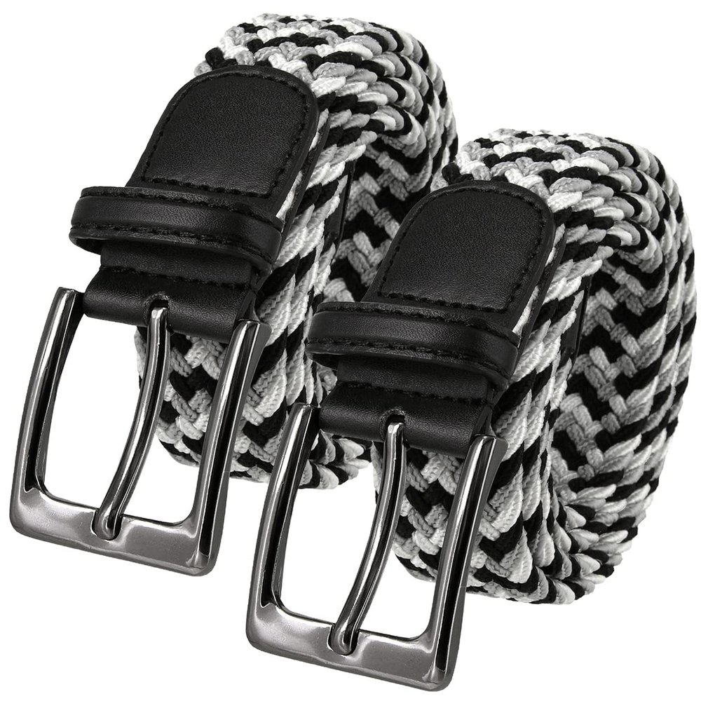 2 Count Men's Stretch Belt Braided Elastic Stretch Belt Casual Weave Canvas Fabric Woven Belt 1-3/8" Wide (Black/Gray/White, XL)