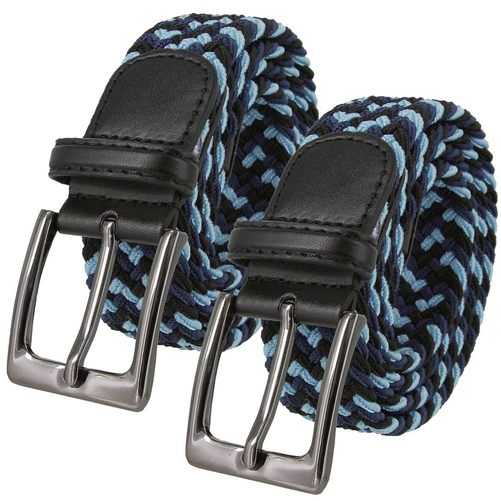2 Count Men's Stretch Belt Braided Elastic Stretch Belt Casual Weave Canvas Fabric Woven Belt 1-3/8" Wide (Black/Blue/Navy, M)