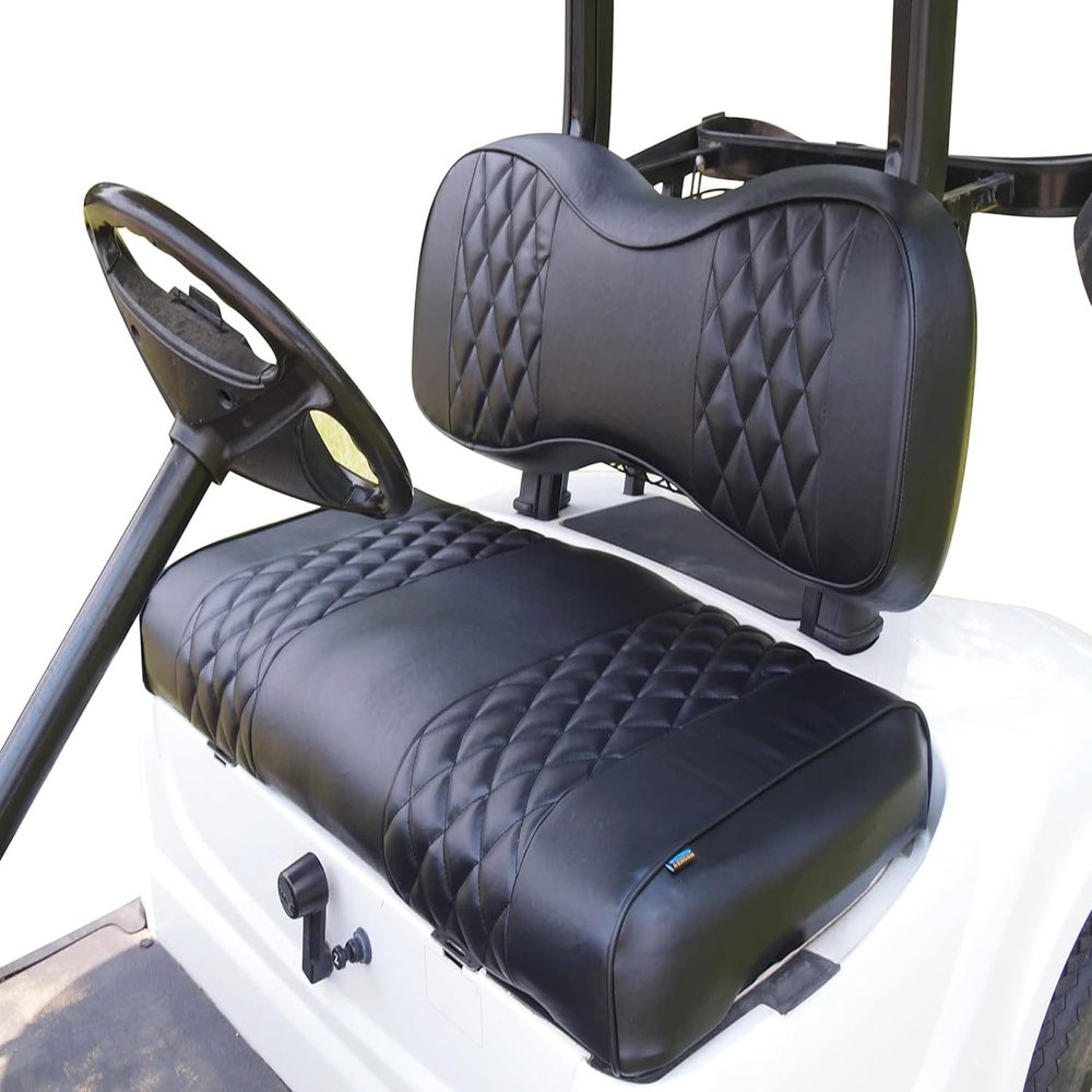 Huskey 4PCS Golf Cart Front/Rear Seat Covers for Club Car DS 2000.5 UP G&E Models Custom Two-Tone Black Diamond Stitching with Black Piping, Marine Grade Vinyl Material, Staple on Design