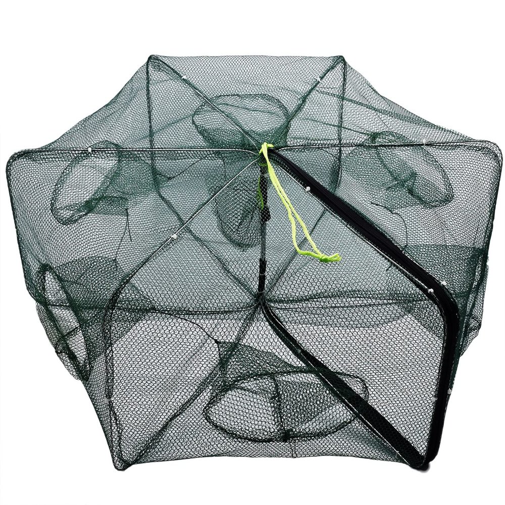 Portable Folded Fishing Net, Easy Use Traps Cage Baits Cast Mesh Trap for Minnow/Crawfish/Crab/Lobster/Fishes (6 Holes)
