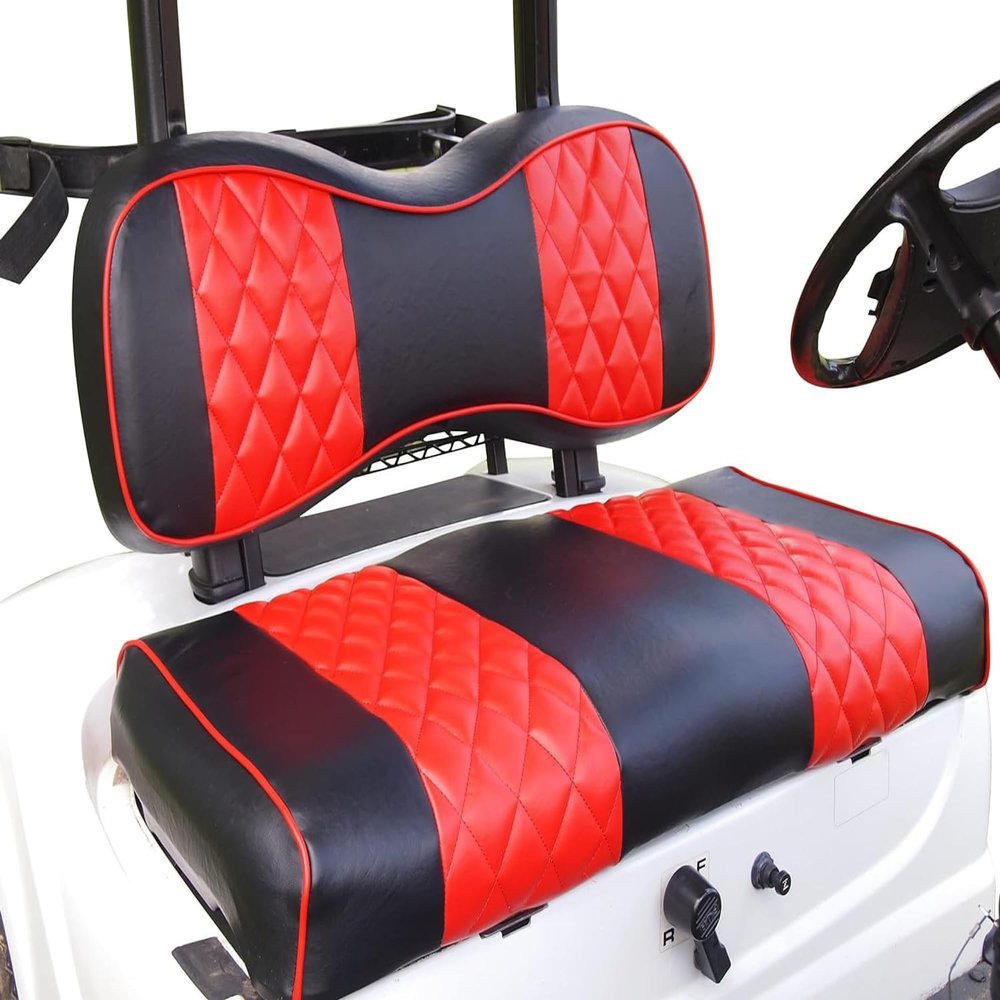Huskey 4PCS Golf Cart Front/Rear Seat Covers for Club Car Precedent 2004+ G&E Models Custom Two-Tone Black/Red Diamond Stitching with Red Piping,Marine Grade Vinyl Material,Staple On Design
