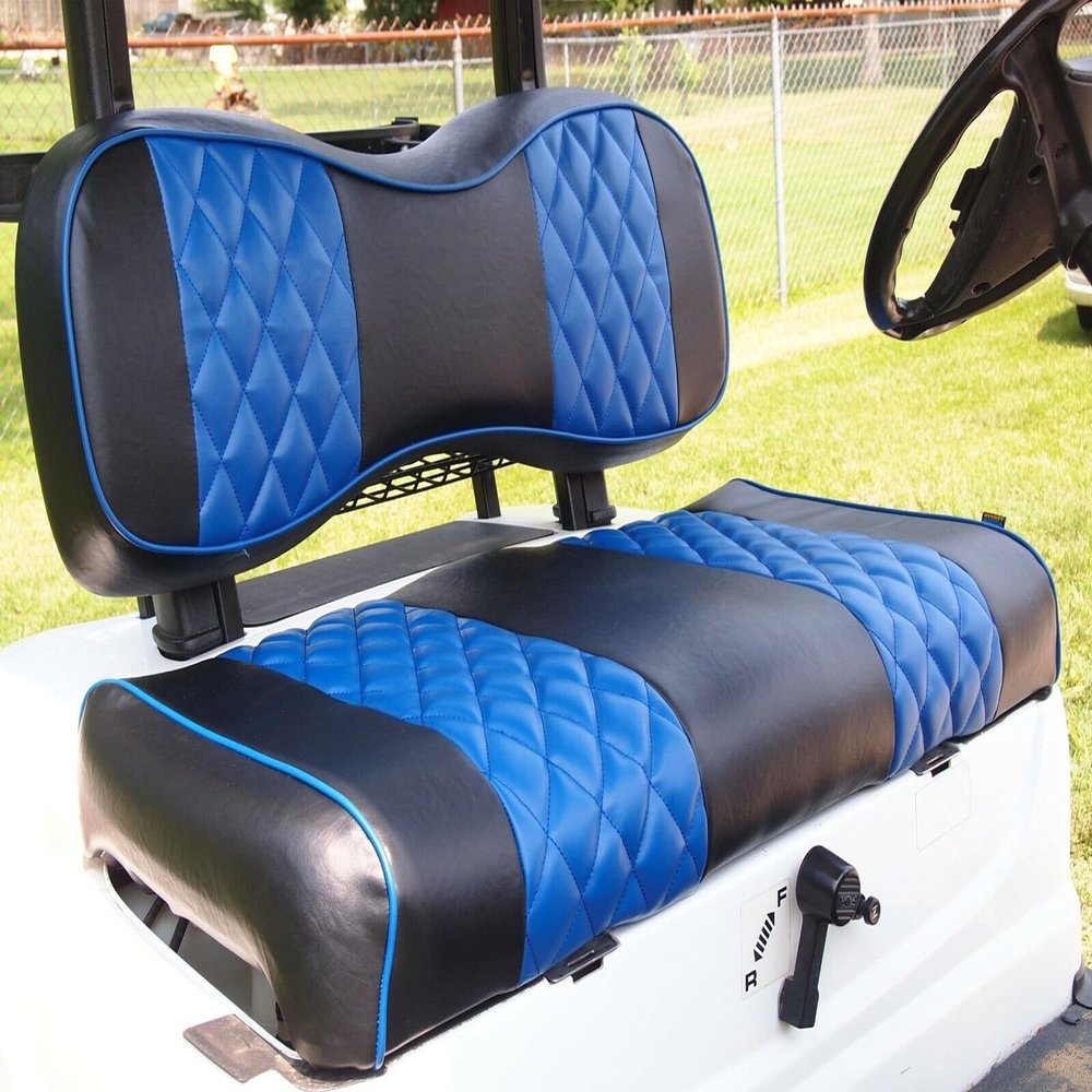 Huskey 4PCS Golf Cart Front/Rear Seat Covers for Club Car Precedent 2004+ G&E Models Custom Two-Tone Black/Blue Diamond Stitching with Blue Piping,Marine Grade Vinyl Material,Staple On Design