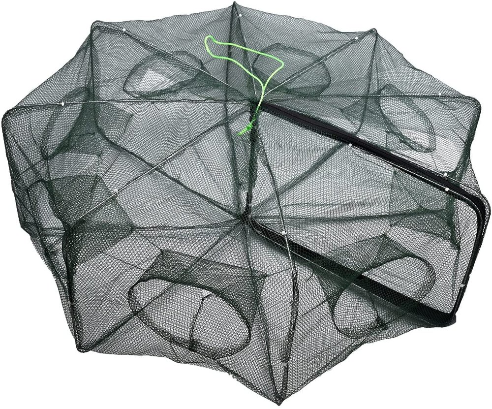 HEXJOZEI Portable Folded Fishing Net, Easy Use Traps Cage Baits Cast Mesh Trap for Minnow/Crawfish/Crab/Lobster/Fishes (8 Holes)