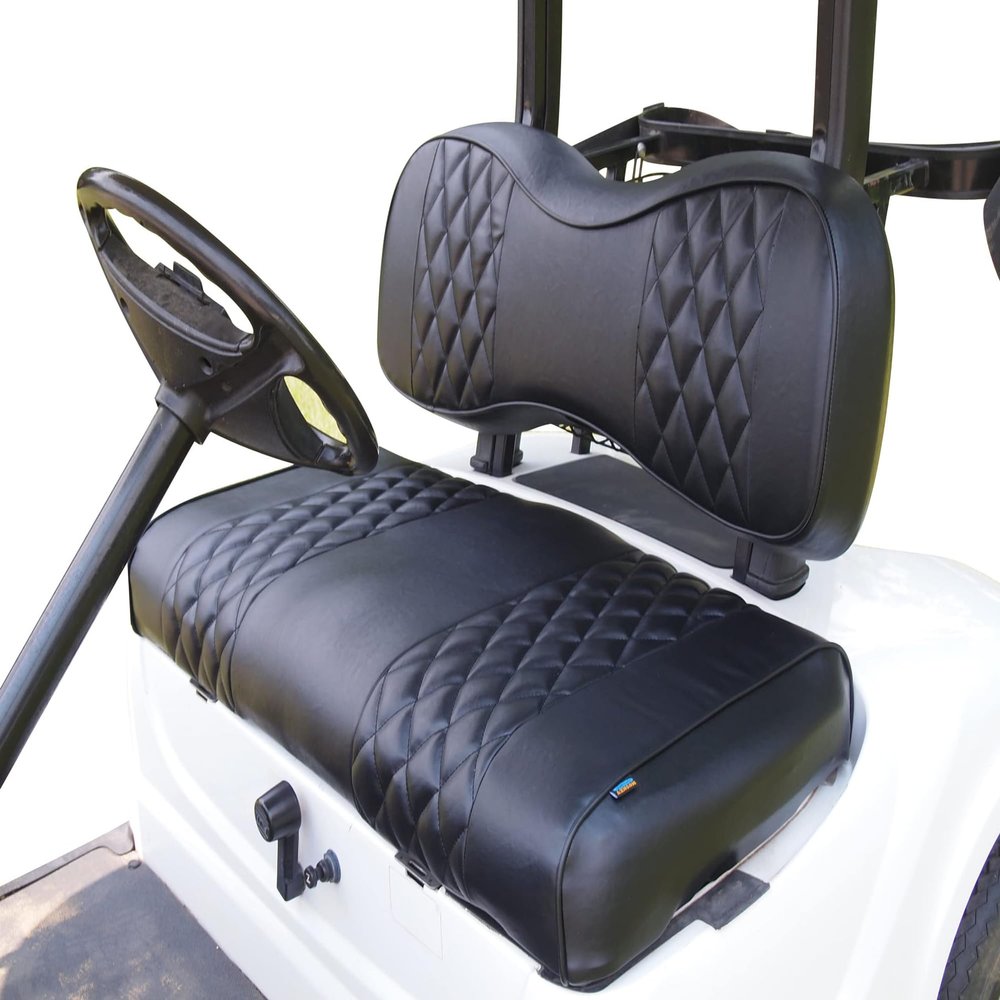 Huskey 4PCS Golf Cart Front Seat Covers for EZGO Medalist/TXT 94-13 Custom Two-Tone Black Diamond Stitching with Black Piping, Marine Grade Vinyl Material, Staple on Design