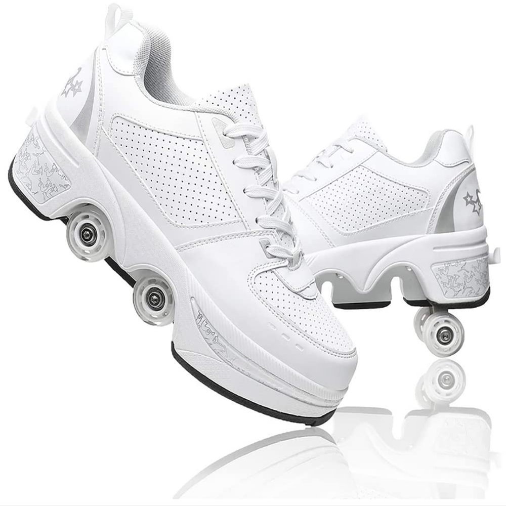LDRFSE Multifunctional Roller Skates Shoes Automatic Walking Shoes Invisible Pulley Shoes Skates with Double-Row Deform Wheel Outdoor Parkour Shoes for Girls Boys White Silver