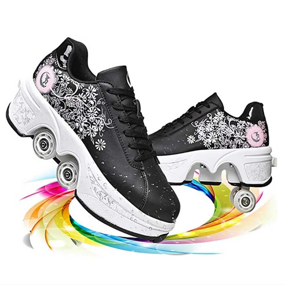 LDRFSE Multifunctional Roller Skates Shoes Automatic Walking Shoes Invisible Pulley Shoes Skates with Double-Row Deform Wheel Outdoor Parkour Shoes for Girls Boys