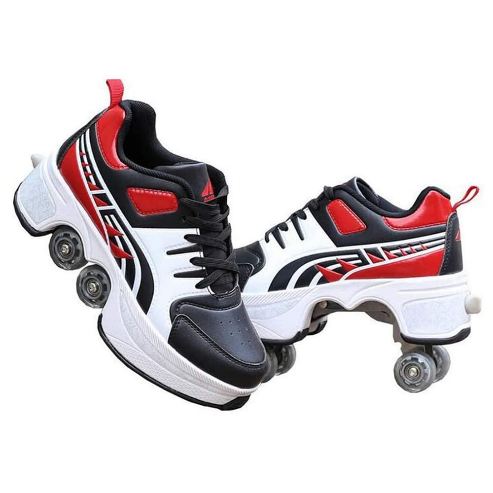LDRFSE Multifunctional Roller Skates Shoes Automatic Walking Shoes Invisible Pulley Shoes Skates with Double-Row Deform Wheel Outdoor Parkour Shoes for Girls Boys Red Black