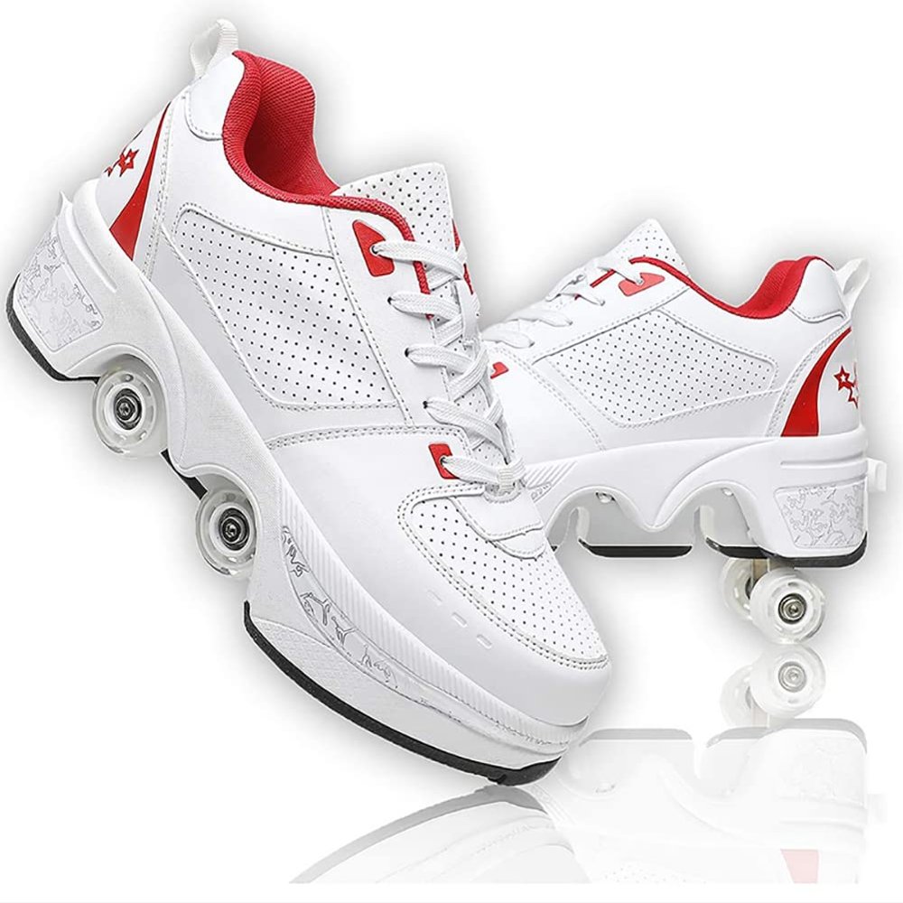 LDRFSE Multifunctional Roller Skates Shoes Automatic Walking Shoes Invisible Pulley Shoes Skates with Double-Row Deform Wheel Outdoor Parkour Shoes for Girls Boys White Red