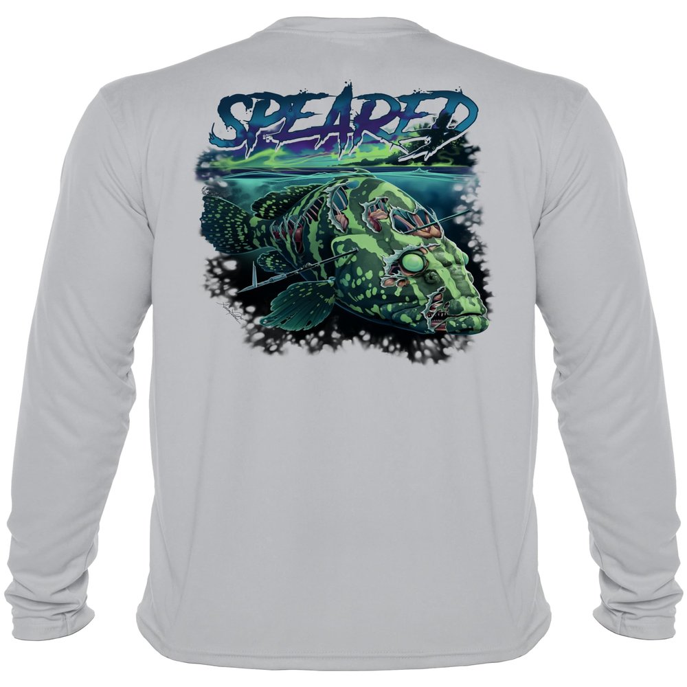Spearfishing UV Sun Shirt: UPF 50+ Men's Long Sleeve Mens Rash Guard for Scuba Diving, Fishing: Zombie Grouper: Lt. Gray - 2XL