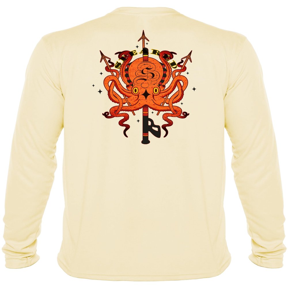 Spearfishing Octopus UV Rash Guard Sun Shirt Mens Long Sleeve for Scuba Diving and Fishing: Tako Octo Pale Yellow - S