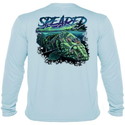 Spearfishing UV Sun Shirt: UPF 50+ Men's Long Sleeve Mens Rash Guard for Scuba Diving, Fishing: Zombie Grouper: Lt. Blue - L