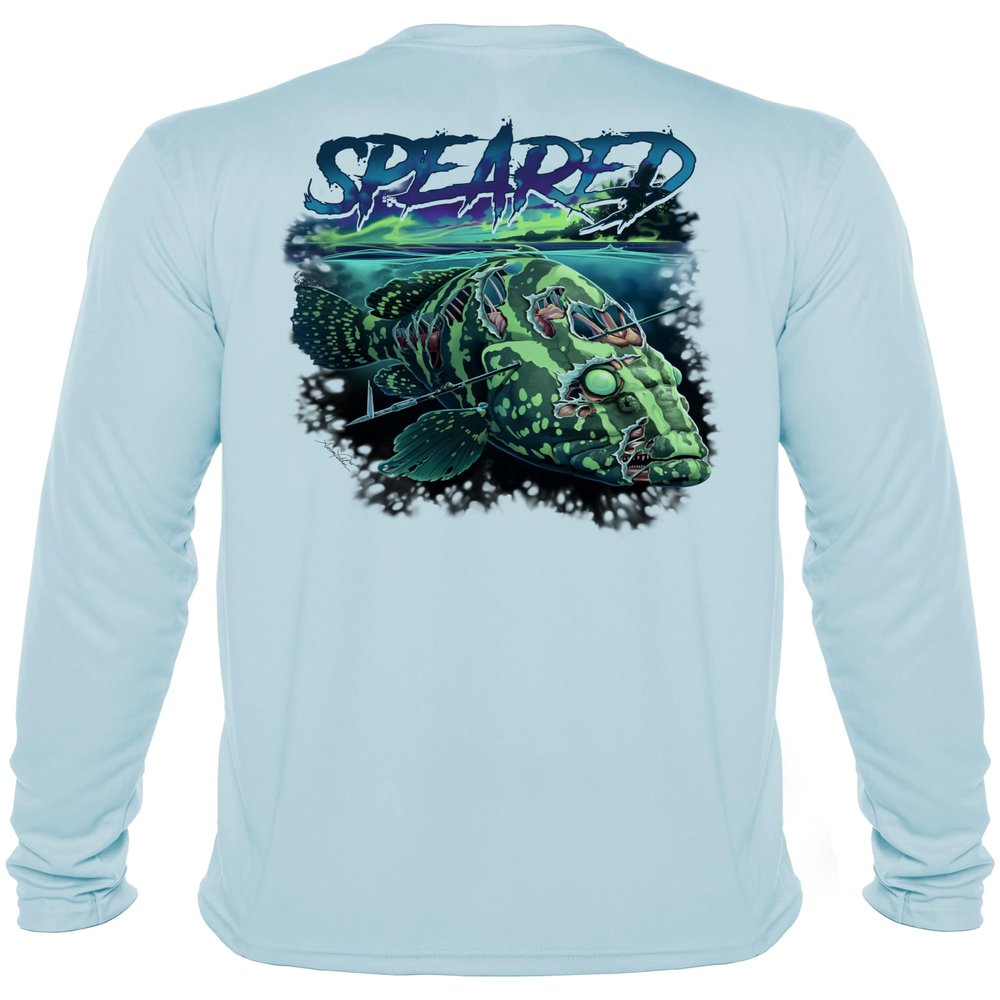 Spearfishing UV Sun Shirt: UPF 50+ Men's Long Sleeve Mens Rash Guard for Scuba Diving, Fishing: Zombie Grouper: Lt. Blue - L