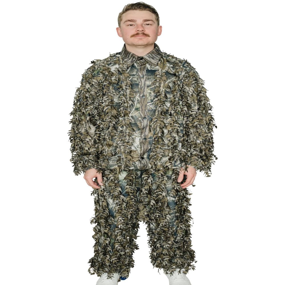 QuikCamo Mossy Oak Original Bottomland 3D Leafy Camo Ghillie Suit - Breathable Quiet Mesh, Snaps and Zippered Pockets for Turkey Hunting L-XL (5'7" to 6'2")