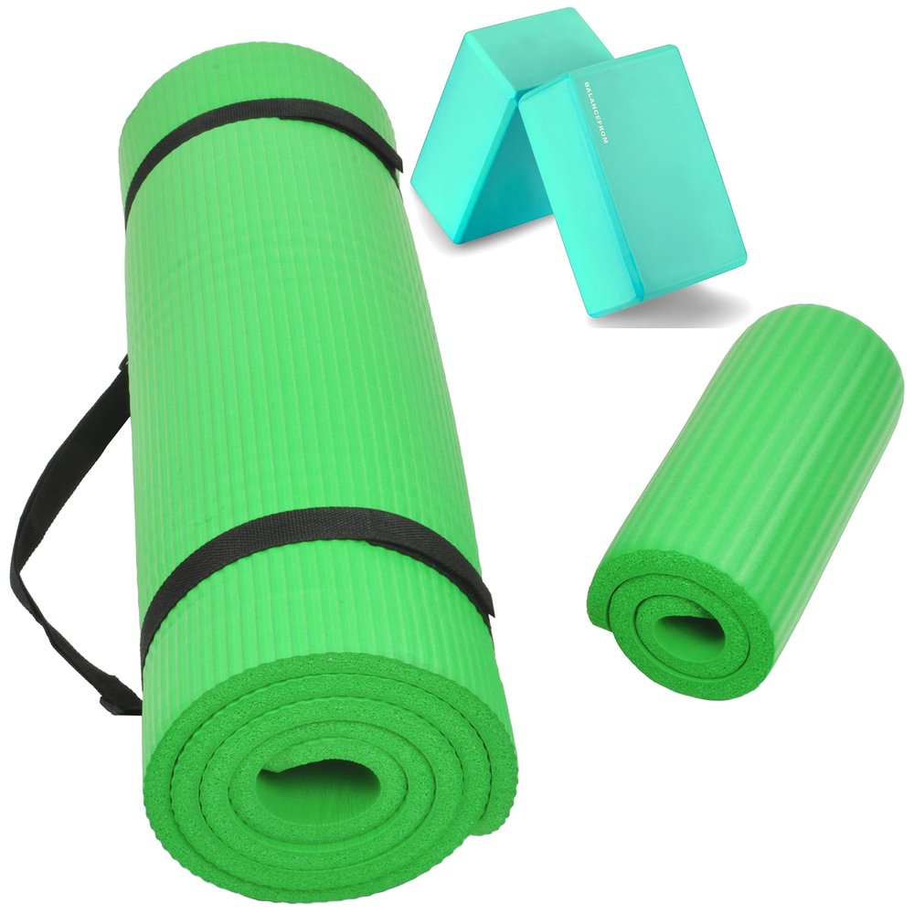 Fitvids All Purpose 1/2-Inch Extra Thick High Density Anti-Tear Exercise Yoga Mat and Knee Pad with Carrying Strap and Yoga Blocks, Green