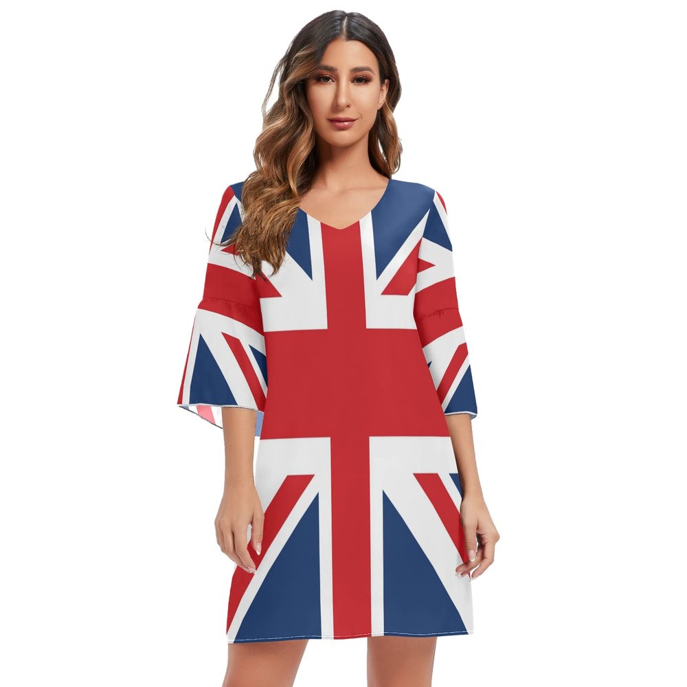 ALAZA Union Jack British Flag Women's Casual Chiffon Mini Dress 3/4 Sleeve V Neck L