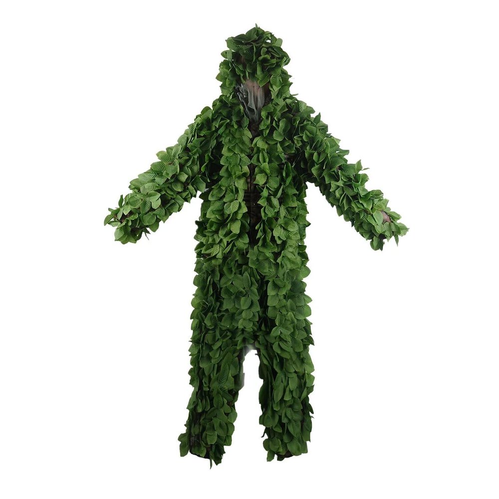 HYOUT Hooded Ghillie Suit Camo Suit Woodland & Forest Design 3D Green Leaf Clothing for Jungle Hunting Party, XL/XXL