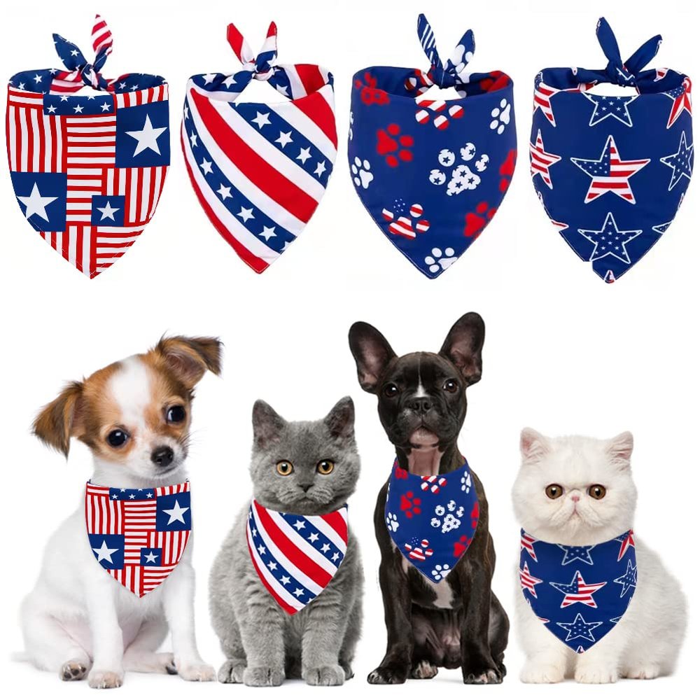 American Flag Dog Bandanas, 4th of July Dog Bandanas, 4 Pack Triangle Pet Scarfs, Holiday Pet Bandana for Small Medium Large Dogs Cats Pets