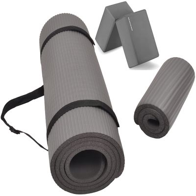 Fitvids All Purpose 1/2-Inch Extra Thick High Density Anti-Tear Exercise Yoga Mat and Knee Pad with Carrying Strap and Yoga Blocks, Gray