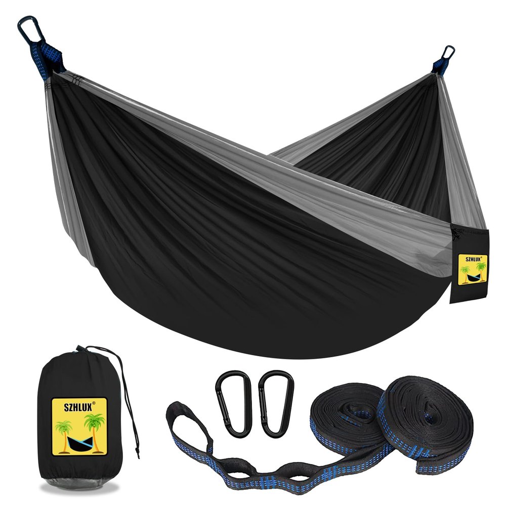 SZHLUX Camping Hammock Double & Single Portable Hammocks with 2 Tree Straps, Great for Hiking,Backpacking,Hunting,Outdoor,Beach,Camping,Black / Grey