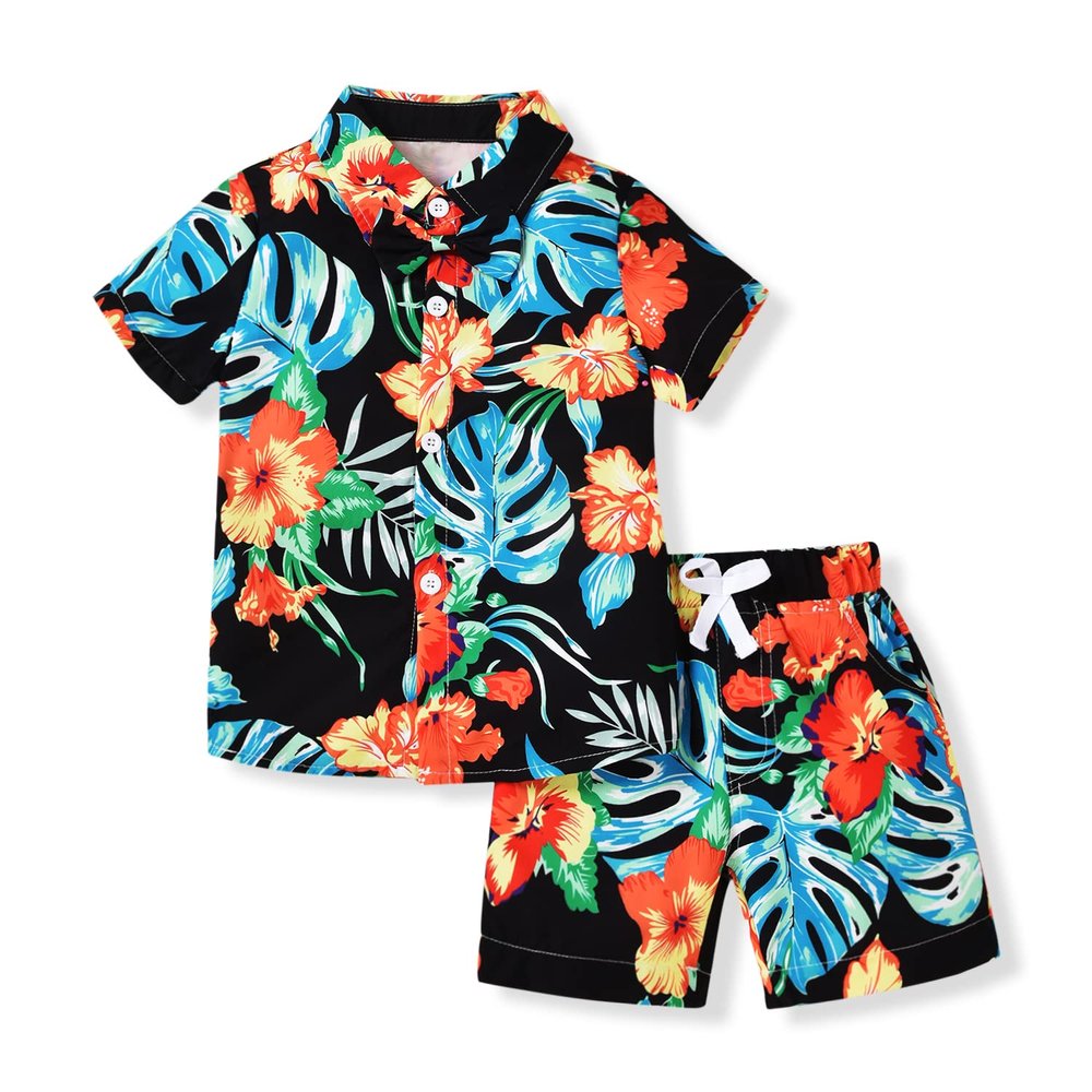 HINTINA Toddler Little Boy Shorts Set Hawaiian Outfit Short Sleeve leaf Floral Flower Shirt Summer Clothes Set Suit 3-4T