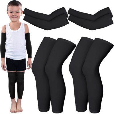 Charniol 4 Pairs Kids Arm Sleeves for Basketball Kids Long Compression Leg Sleeves and Arm Sleeves Youth Basketball Leg Sleeves(Black,Large)