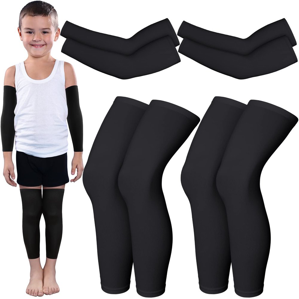 Charniol 4 Pairs Kids Arm Sleeves for Basketball Kids Long Compression Leg Sleeves and Arm Sleeves Youth Basketball Leg Sleeves(Black,Large)