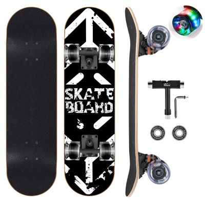 GIEEU Skateboards with Colorful Flashing Wheels for Beginners,Kids,Teens,Adults, Complete Standard Skate Boards 9 Layer Canadian Maple Deck Concave Skateboard (4-Black and White)