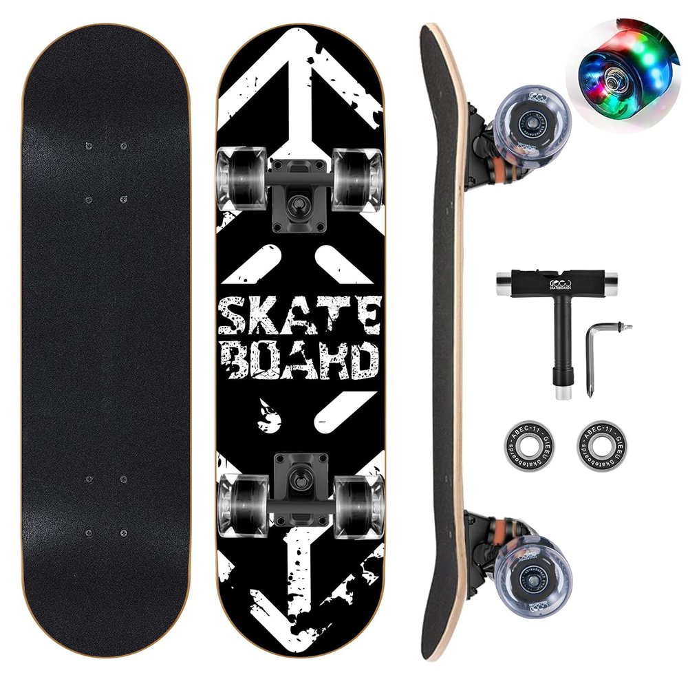 GIEEU Skateboards with Colorful Flashing Wheels for Beginners,Kids,Teens,Adults, Complete Standard Skate Boards 9 Layer Canadian Maple Deck Concave Skateboard (4-Black and White)