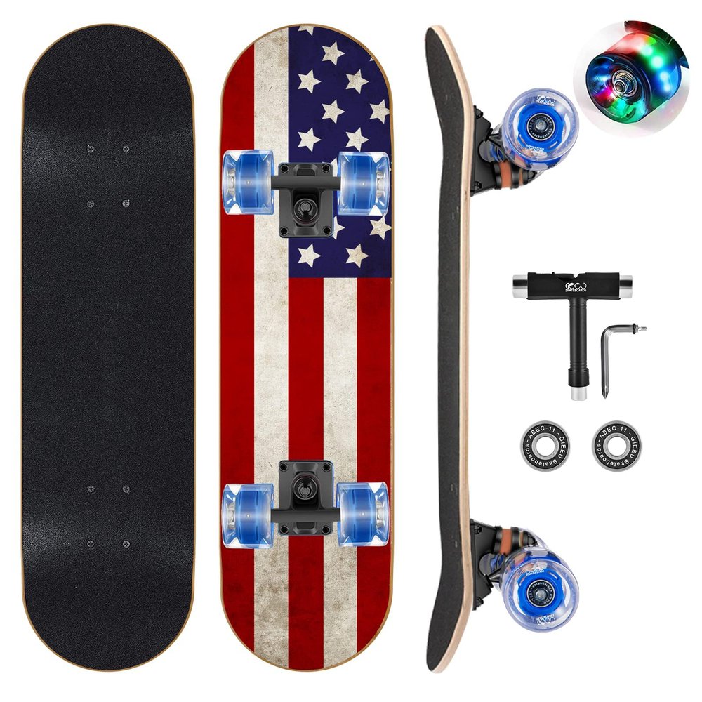 GIEEU Skateboards with Colorful Flashing Wheels for Beginners,Kids,Teens,Adults, Complete Standard Skate Boards 9 Layer Canadian Maple Deck Concave Skateboard (3-Flag)