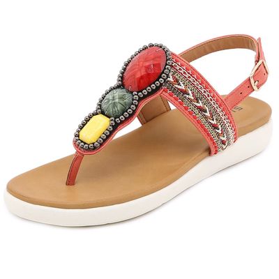 Harberd Women's Flat Sandals Summer Bohemian Beaded Dressy Shoes T-Strap Buckle Thong Comfortable Flip Flops Beach Sandal for Women, Red, 7