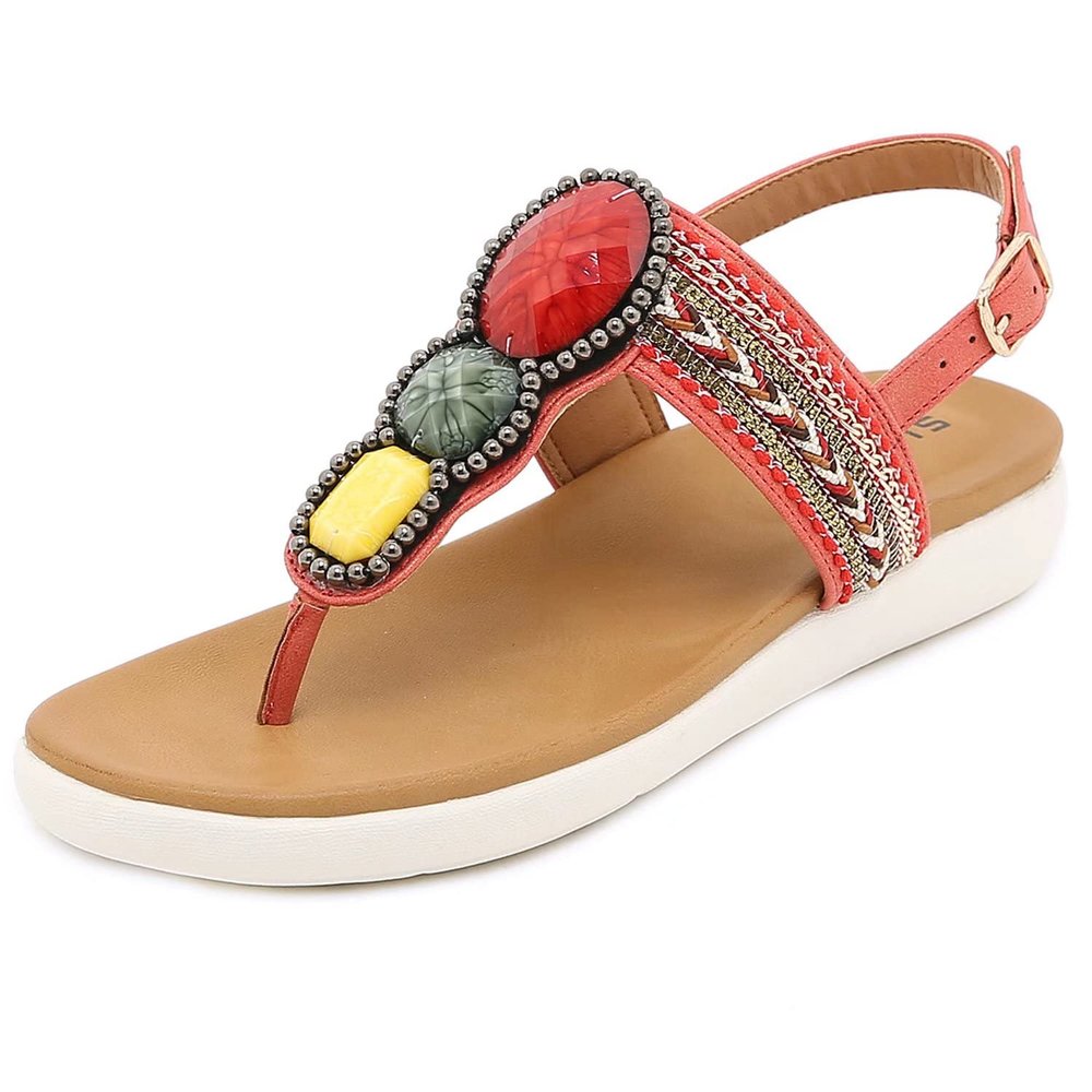 Harberd Women's Flat Sandals Summer Bohemian Beaded Dressy Shoes T-Strap Buckle Thong Comfortable Flip Flops Beach Sandal for Women, Red, 7
