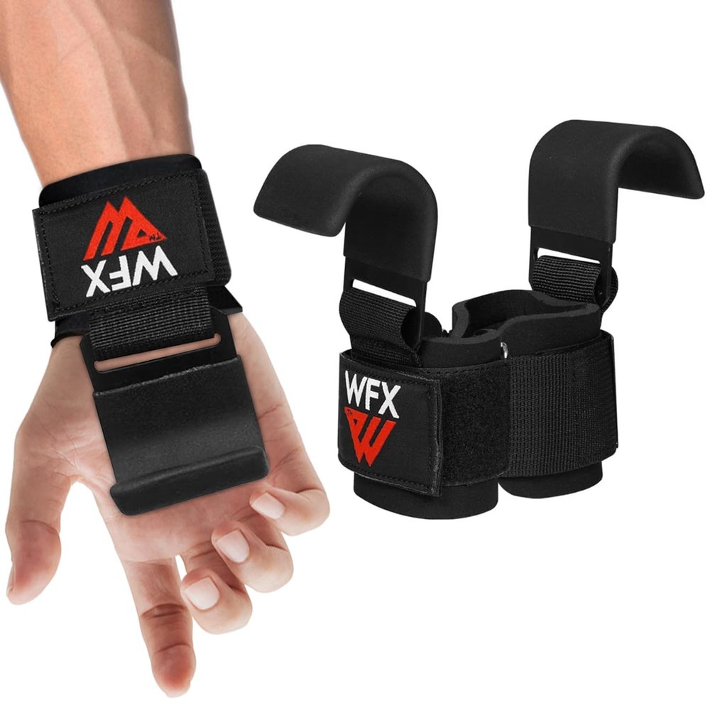 Weight Lifting Hooks, Non-Slip Rubber Coated Grips, 7mm Neoprene Wrist Support Padding, Power lifting Barbell Rows Dead lifts Chin Pull Up Fitness Strength Training Straps Gym Workout Straps (Black)