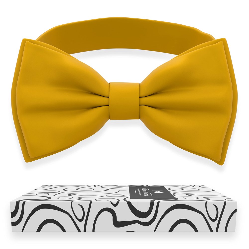 Adam Young Men's Goldish Bow Tie Pre-Tied Style Formal Satin Classic Bowtie for Tuxedo Faux Silk (Large, Gold)