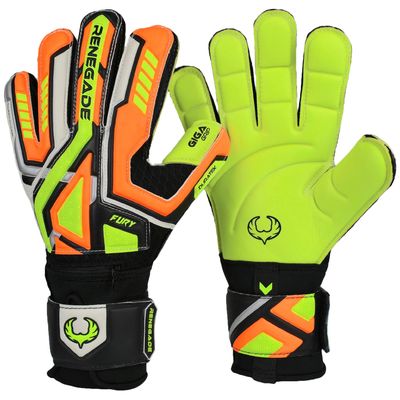 Renegade GK Fury Volt Goalie Gloves with Pro-Tek Finger Spines | 4mm Giga Grip & 4mm Duratek | Neon Yellow, Orange, Black Soccer Goalkeeper Gloves (Size 6, Youth, Flat Gecko Cut, Level 4)