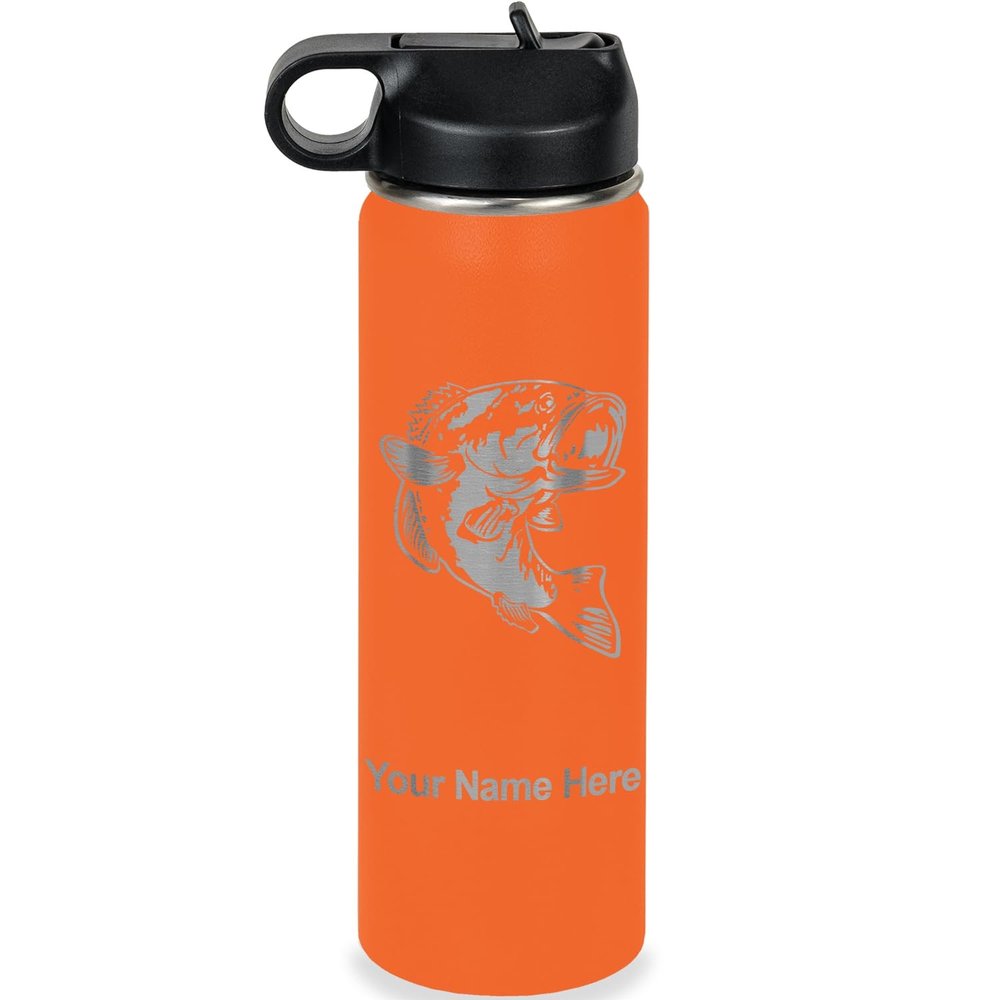 LaserGram Personalized Water Bottle, Bass Fish, Stainless Steel Double Wall Vacuum Insulated with Flip Top Straw, Custom Engraved Gift (20oz / 590ml Orange)