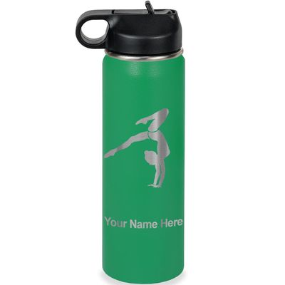 LaserGram Personalized Water Bottle, Gymnast Handstand, Stainless Steel Double Wall Vacuum Insulated with Flip Top Straw, Custom Engraved Gift (20oz / 590ml Green)