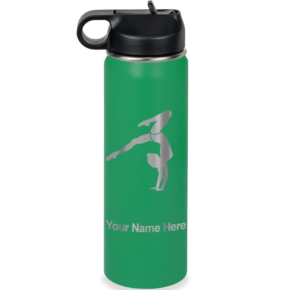 LaserGram Personalized Water Bottle, Gymnast Handstand, Stainless Steel Double Wall Vacuum Insulated with Flip Top Straw, Custom Engraved Gift (20oz / 590ml Green)
