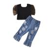 2pcs Puff Lace Short Sleeve Blouse Crop Tops + Pearls Holes Denim Long Pants Toddler Kids Baby Clothing (Black, 4-5 Years) view 1